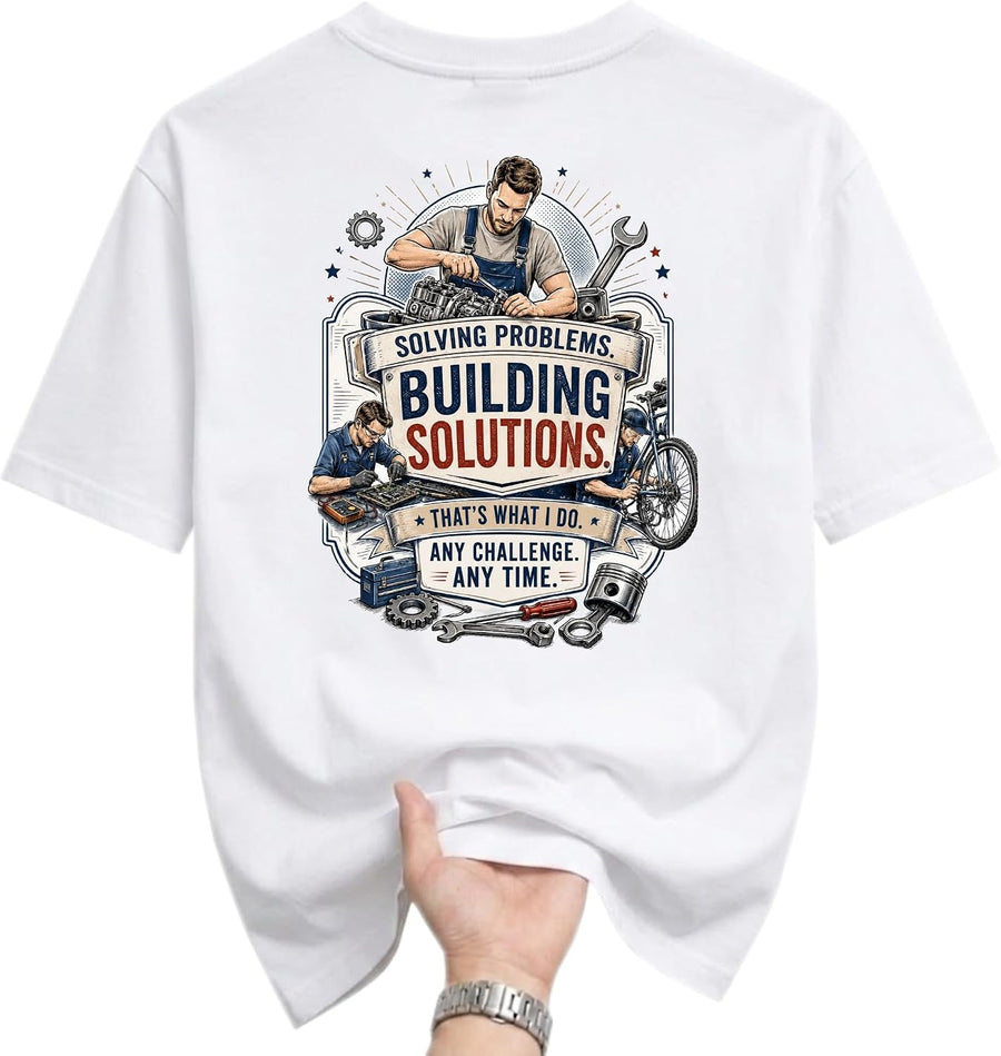Graphic Tee Solving Problems Building Solutions Mechanic Print Unisex Crew Neck Casual Everyday Wear Soft Cotton Shirt - As