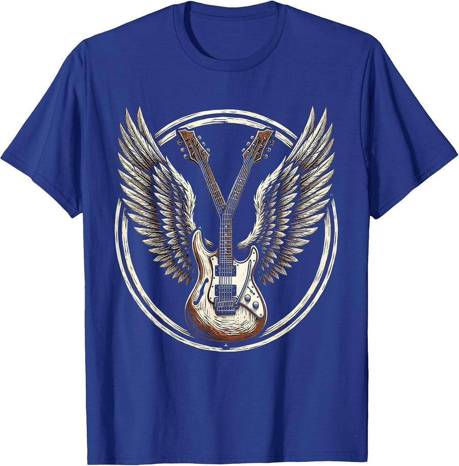 Double-Neck Guitar With Wings Rock Music Design T-Shirt - Royal Blue