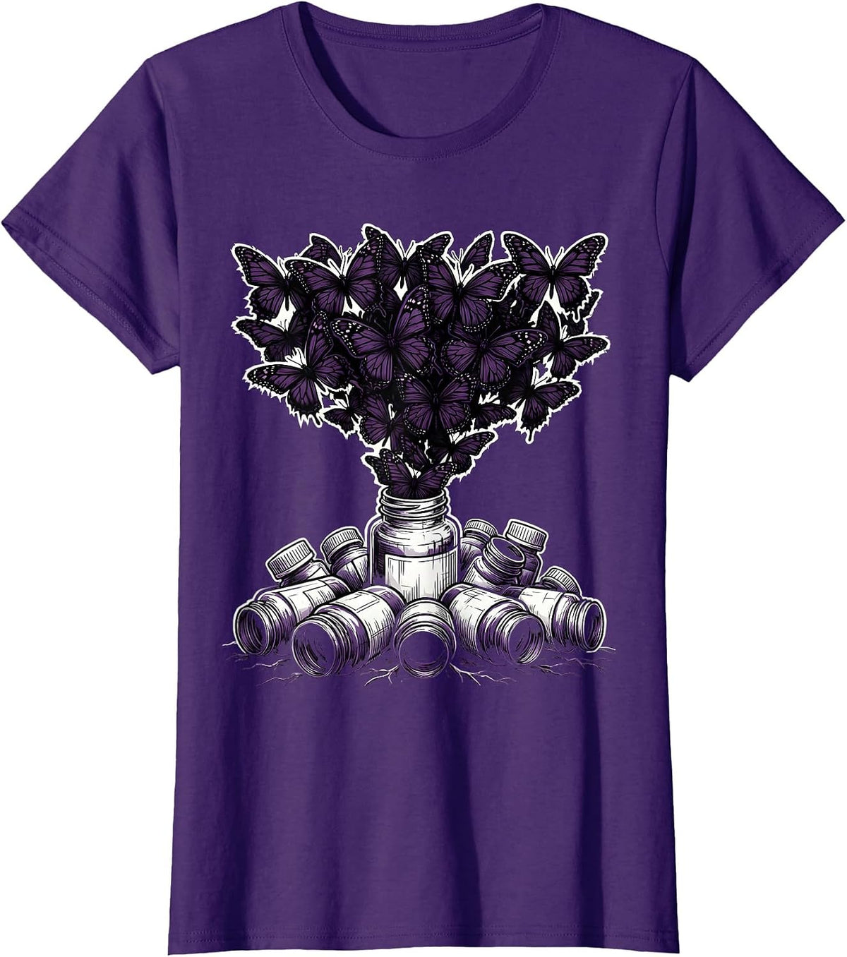 Women's Emo Pill Bottles Black Butterflies Graphic T-Shirt - Purple