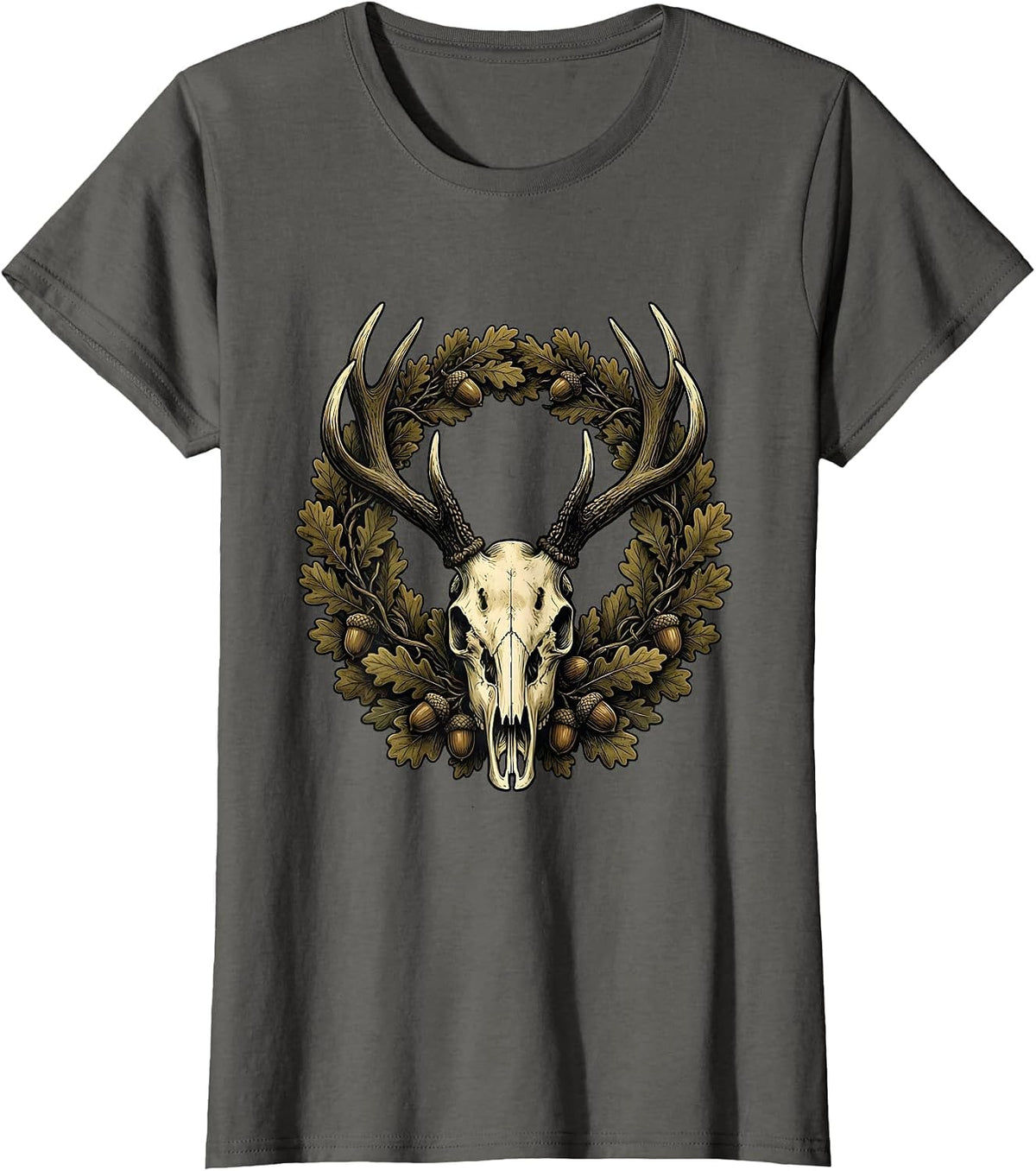 Women's Bottomland Camo Whitetail Deer Skull Antlers T-Shirt - Asphalt Grey