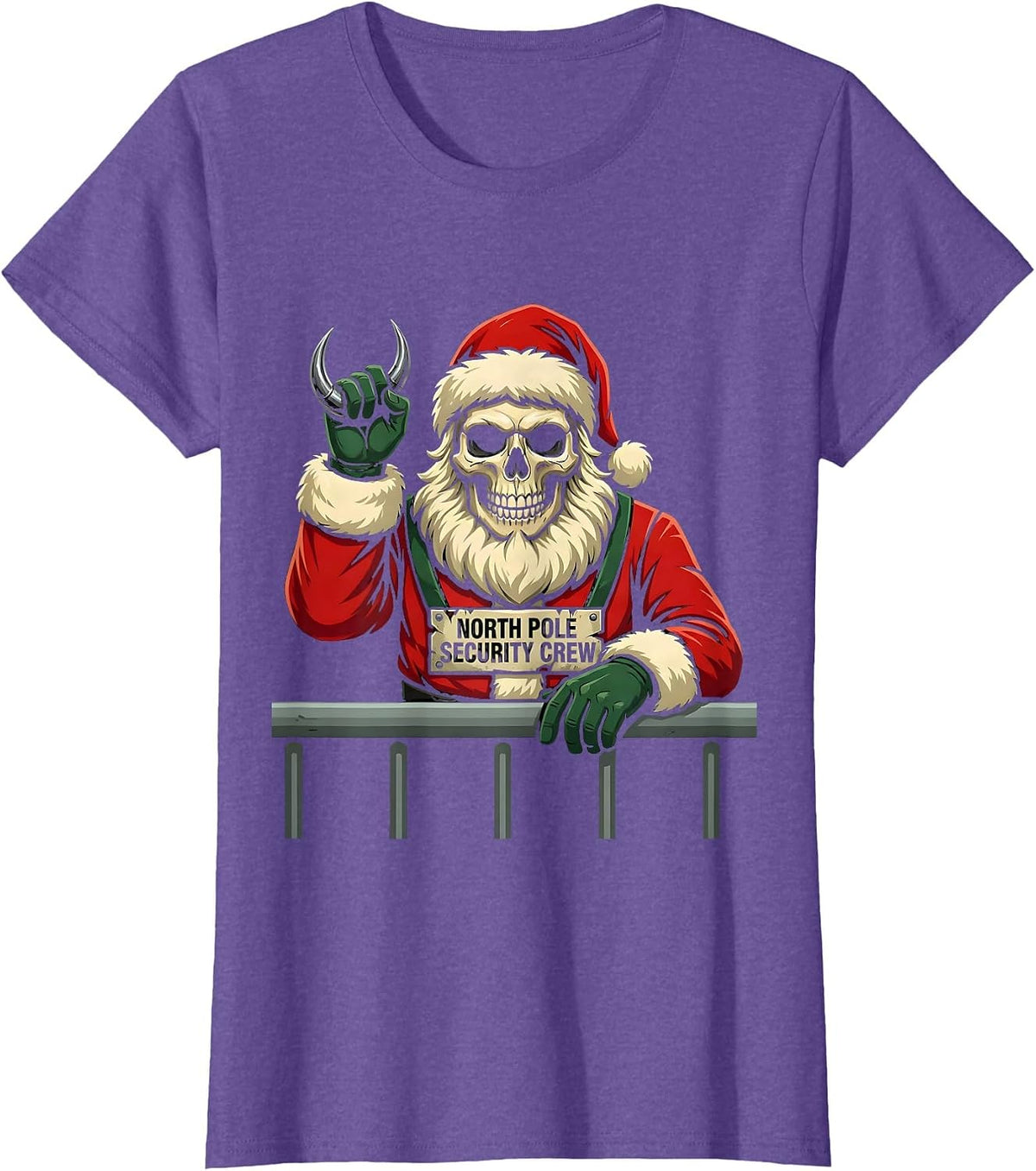 North Pole Security Crew Funny Heavy Metal Christmas Rocker T-Shirt - Purple Heather