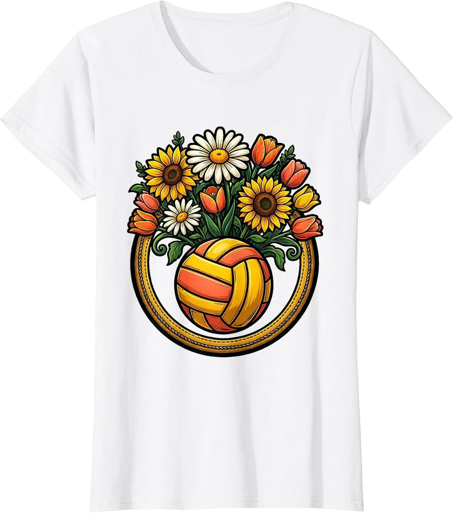 Women's Volleyball Wildflower Bouquet Floral Mom Design T-Shirt - White