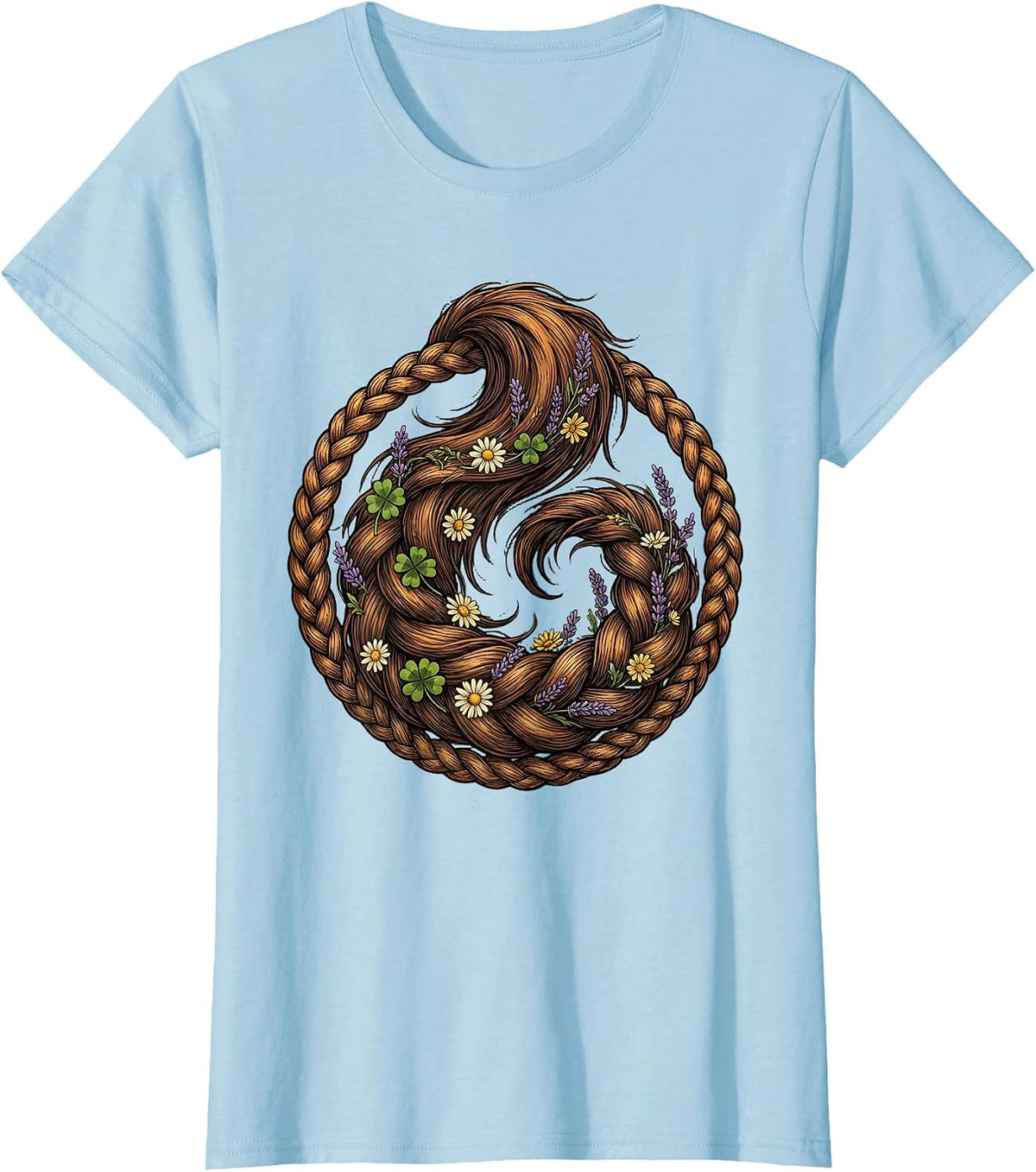 Braided Horse Tail with Wildflowers Illustration T-Shirt - Baby Blue
