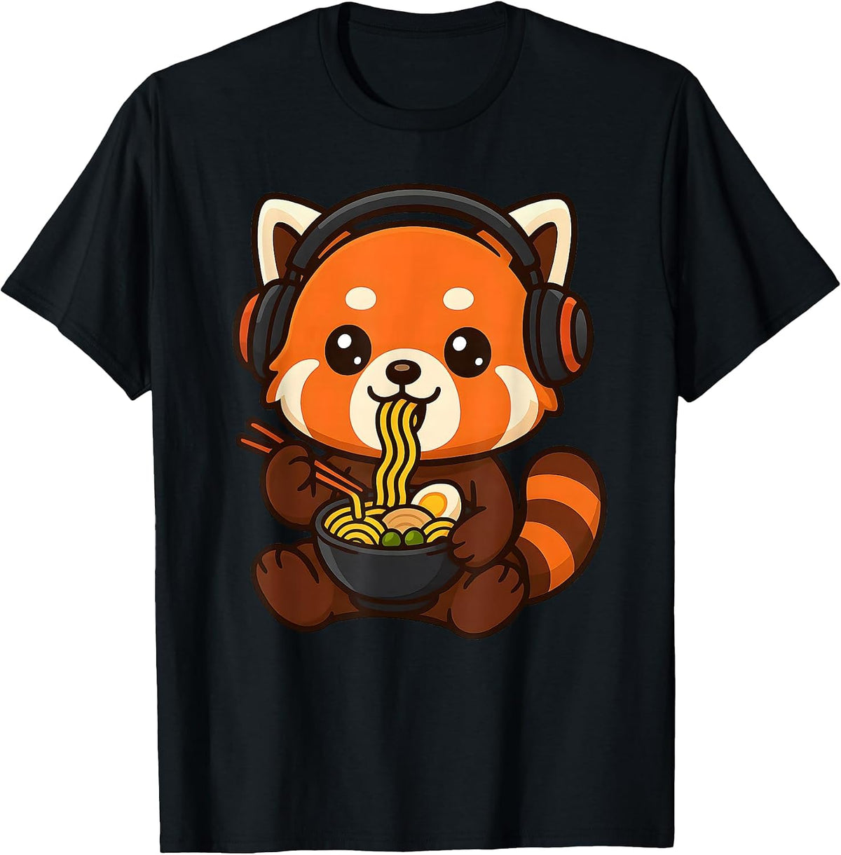 Red Panda Gaming Gamer Eating Ramen T-Shirt - Black