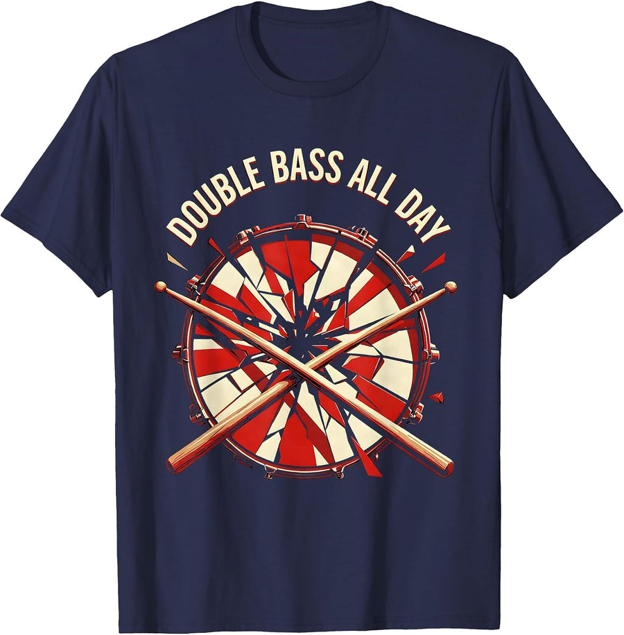 Double Bass All Day Metal Band Drummer Design T-Shirt - Navy Blue