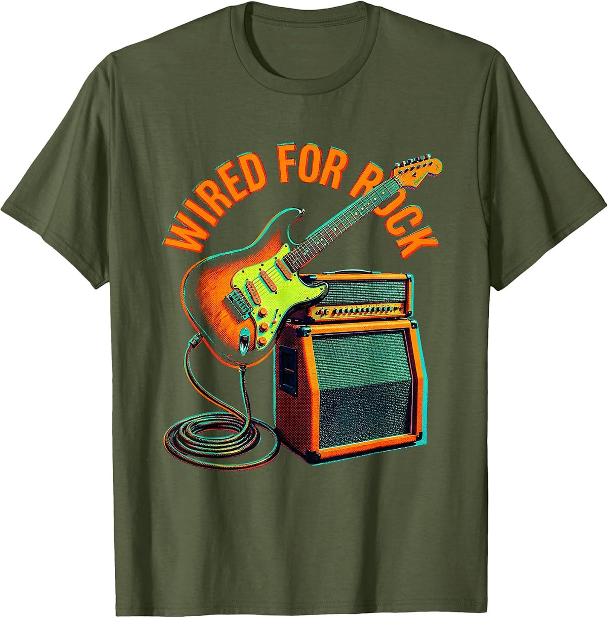Wired for Rock Bold Rock and Roll Graphic Design T-Shirt - Olive Green