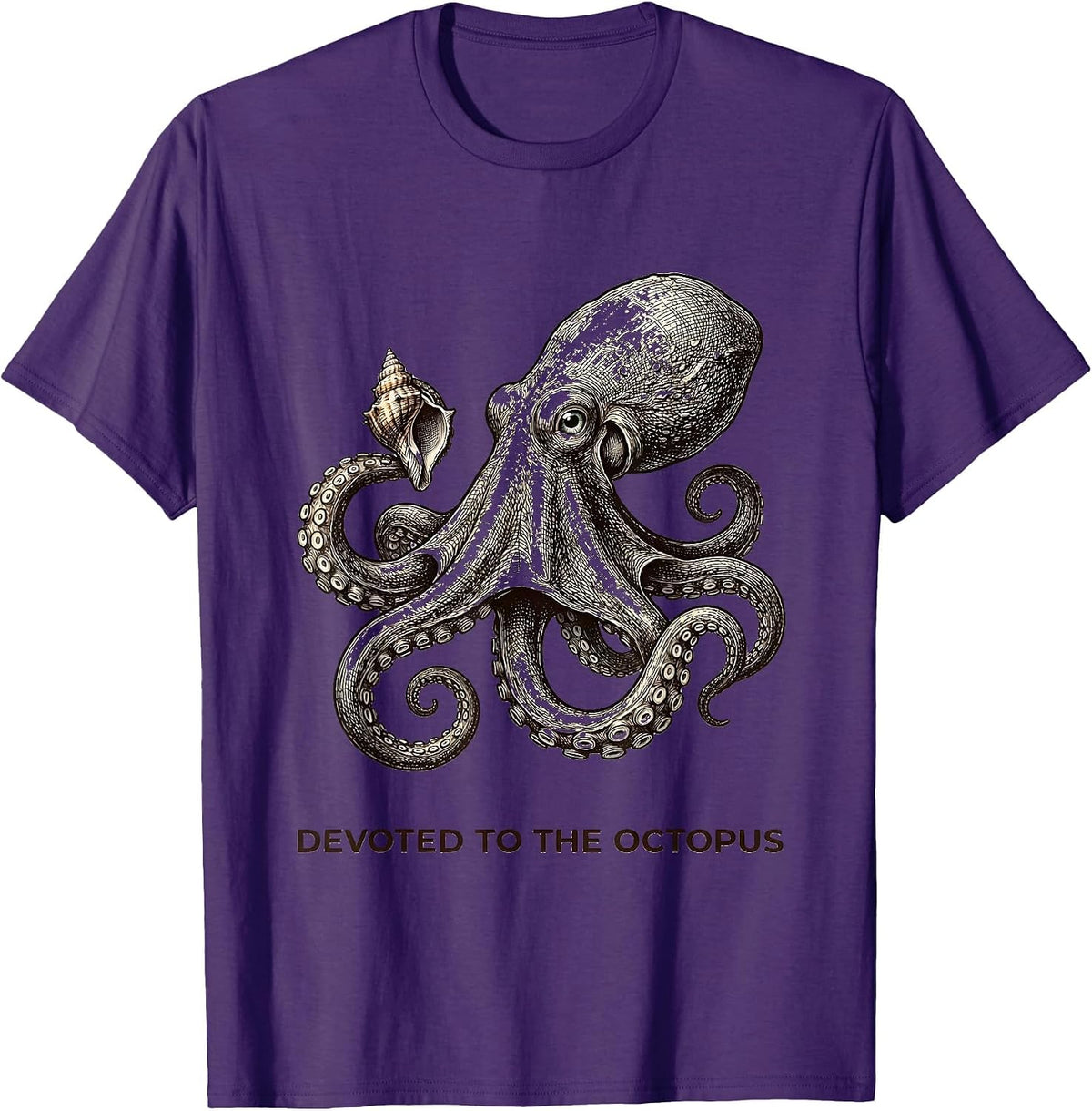 Men's Devoted to the Octopus Crosshatch Etching Octopus Lover T-Shirt - Purple