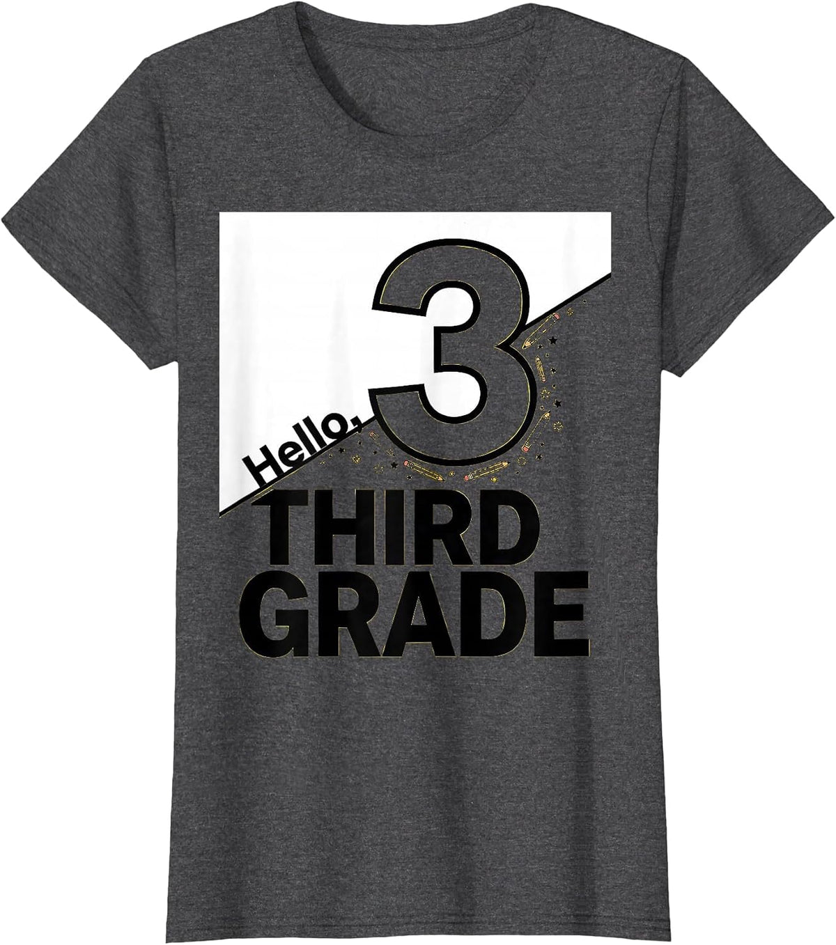 Women's Hello, Third Grade Playful Teacher Back to School T-Shirt - Dark Heather Grey