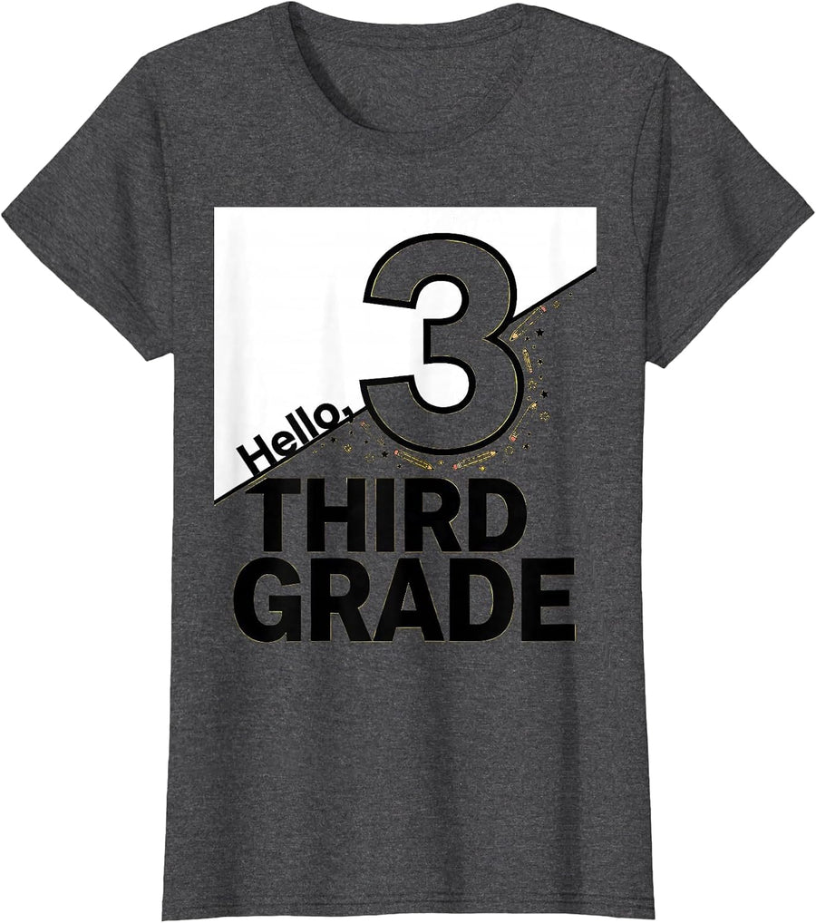 Women's Hello, Third Grade Playful Teacher Back to School T-Shirt - Dark Heather Grey