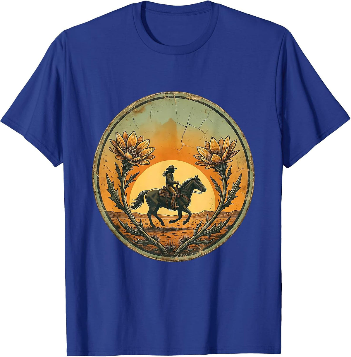 Lone Cowgirl on Horseback Desert Riding Graphic T-Shirt - Royal Blue