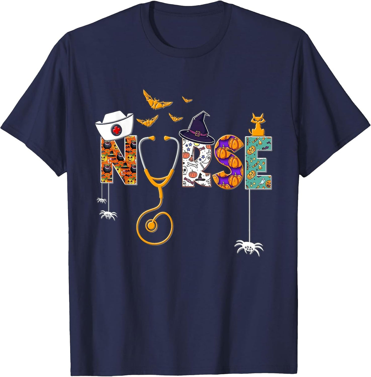 Halloween Nurse Nursing Cute Health Worker Halloween Pattern T-Shirt - Navy Blue