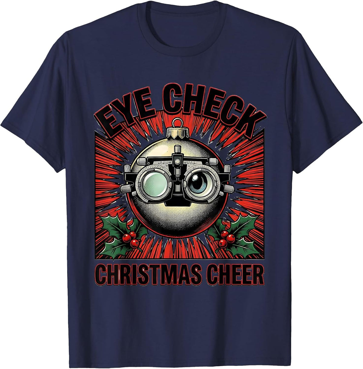 Men's Eye Check Christmas Cheer Comic Book Optometrist Eye Exam T-Shirt - Navy Blue