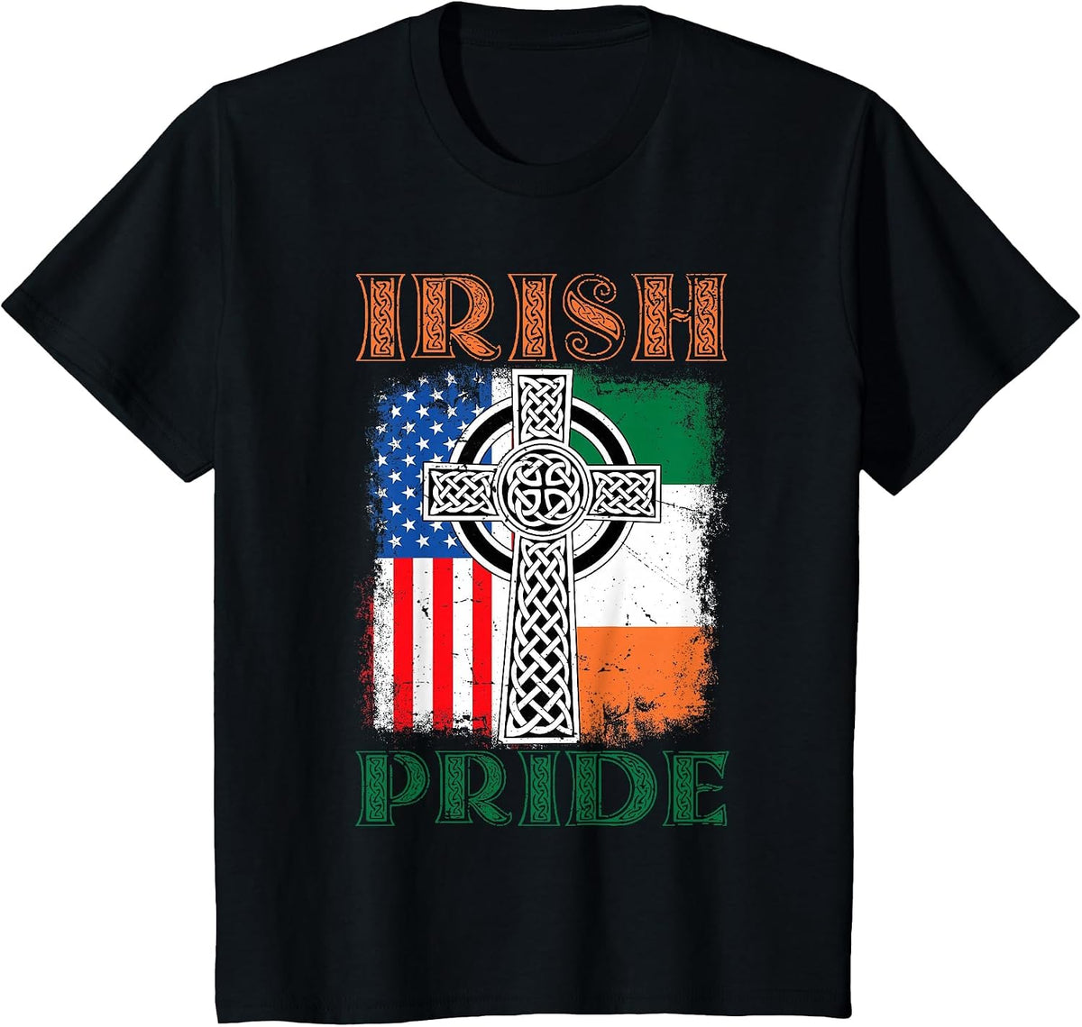 Irish Pride Celtic Cross Ireland & USA Flag St Patricks Day T-Shirt - Black