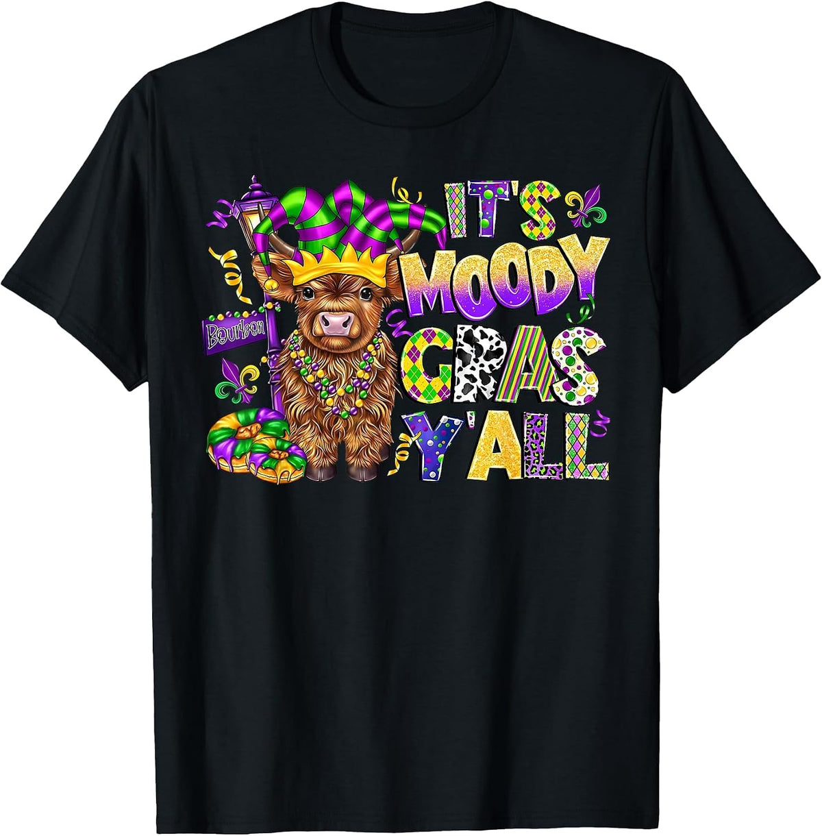 It's Moody Gras Y'all Mardi Gras Carnival Heifer Cow Farm T-Shirt - Black