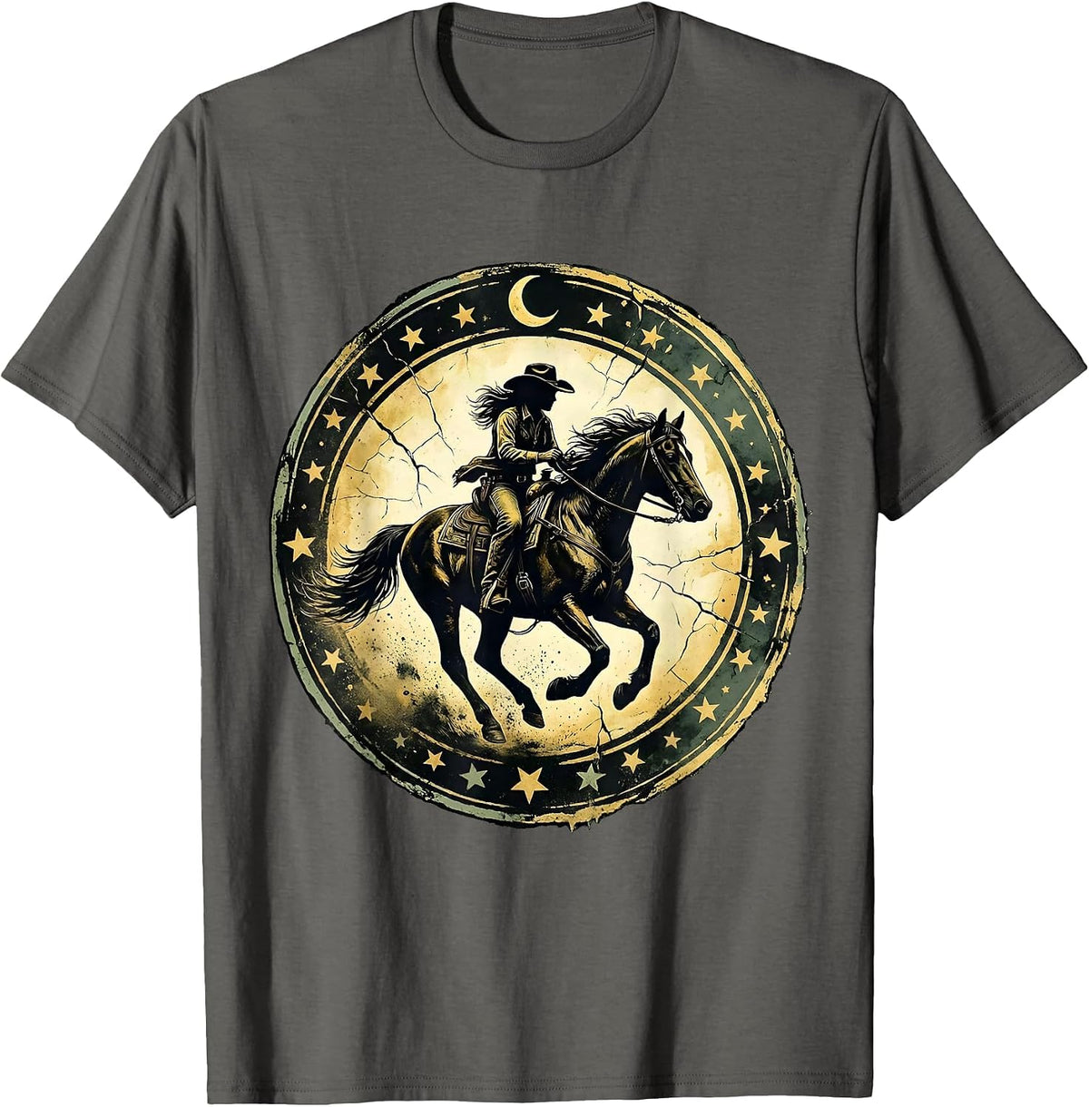 Men's Cowgirl Riding Horse Under Starry Night Sky T-Shirt - Asphalt Grey