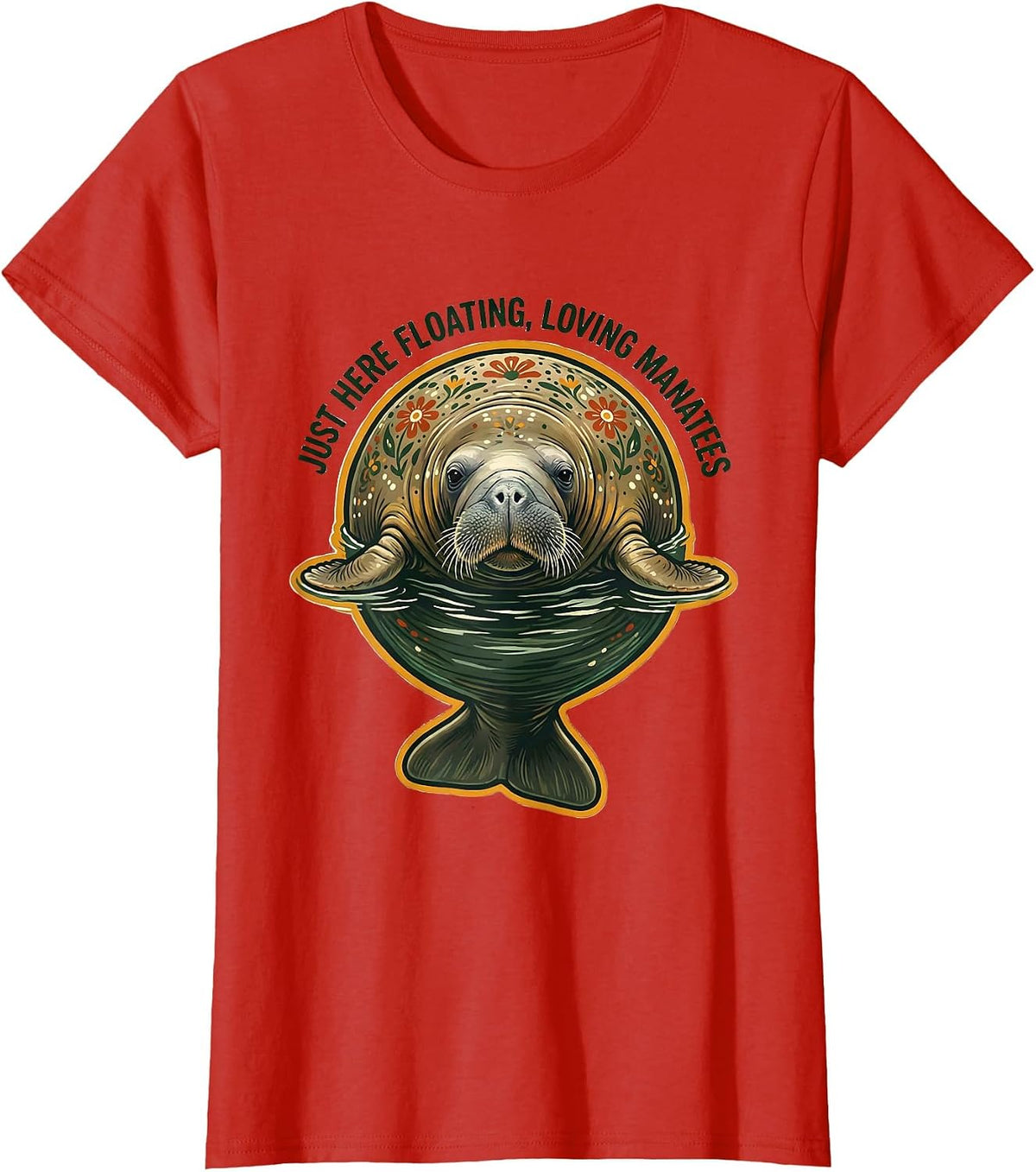 Women's Just Here Floating Loving Manatees Folk Art Florida Souvenir T-Shirt - Red