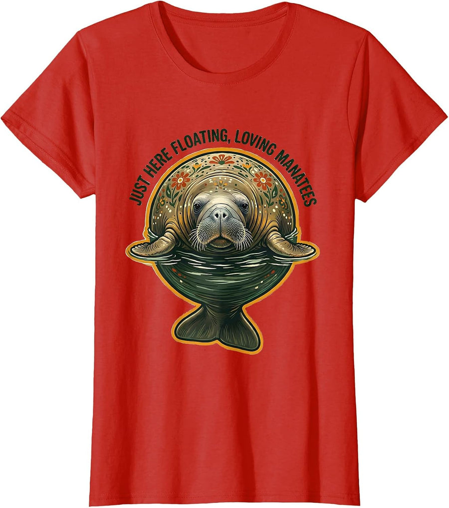 Women's Just Here Floating Loving Manatees Folk Art Florida Souvenir T-Shirt - Red