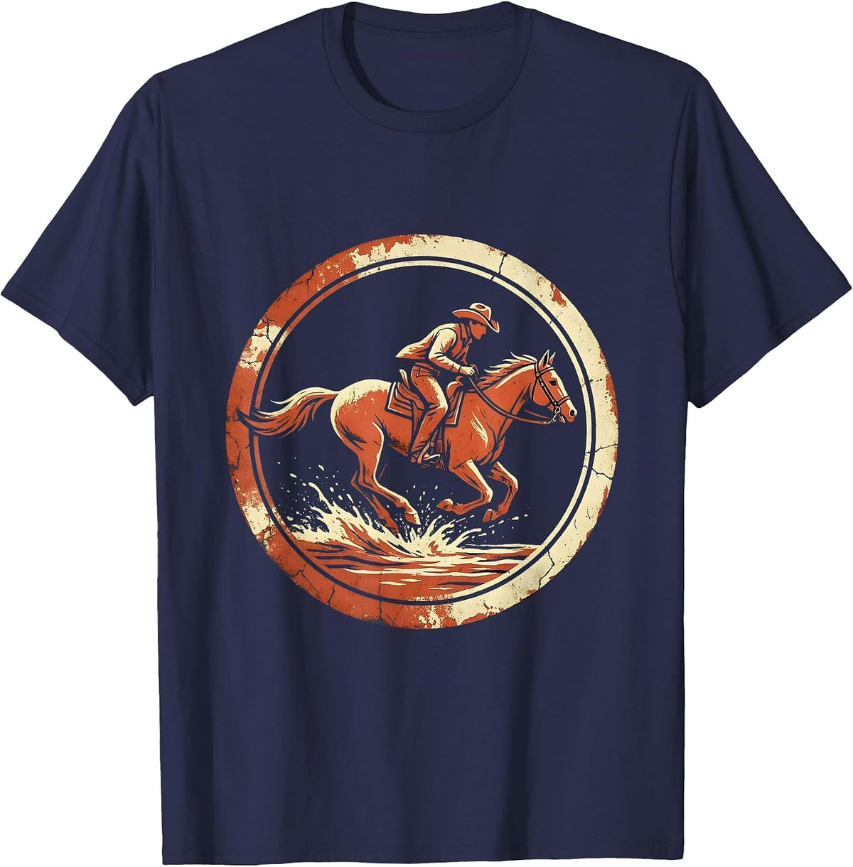 Cowboy Riding Horse Through River Splash USA T-Shirt - Navy Blue