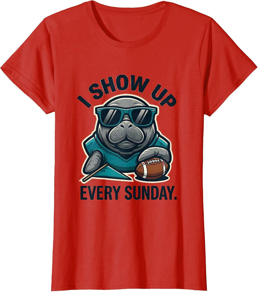 Women's I Show Up Every Sunday Mascot Logo Manatee Sunglasses Sports T-Shirt - Red