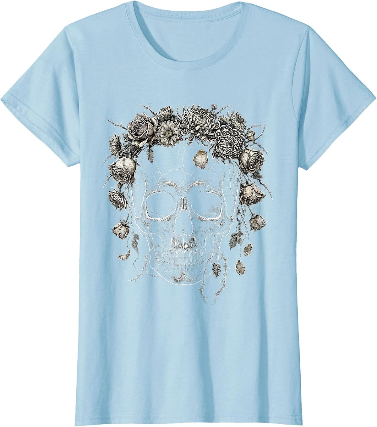 Skull Crowned With Dead Flowers Emo Graphic T-Shirt - Baby Blue