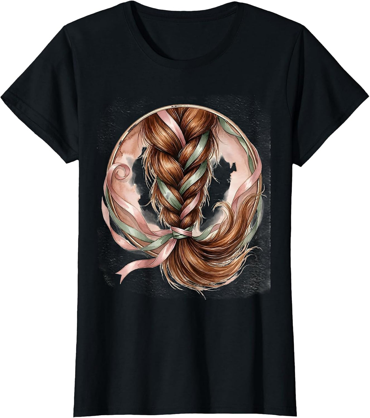 Braided Horse Tail With Woven Ribbons Illustration T-Shirt - Black