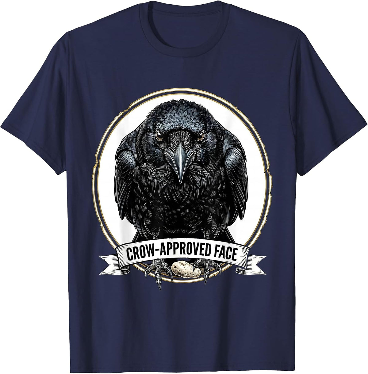 Men's Crow-Approved Face Dark Humor Gothic Bird Lover Emblem T-Shirt - Navy Blue