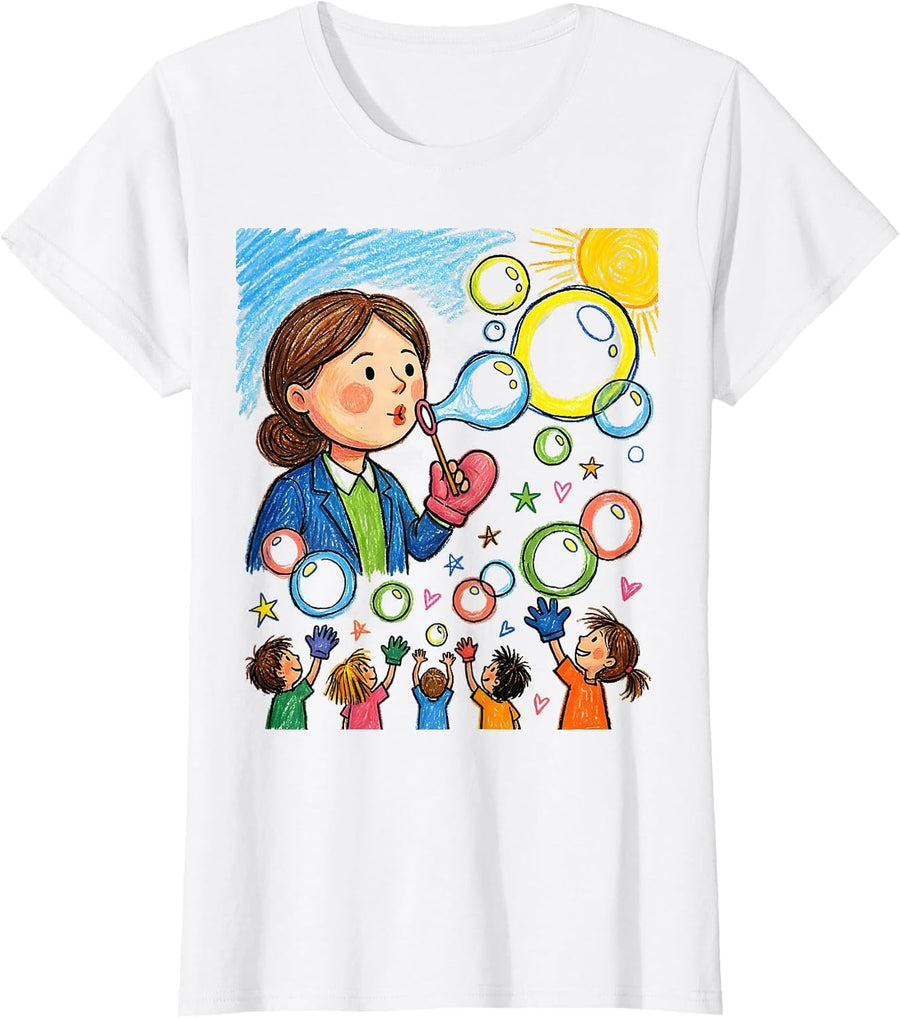 Women's Preschool Teacher Bubble Blowing Graphic T-Shirt - White