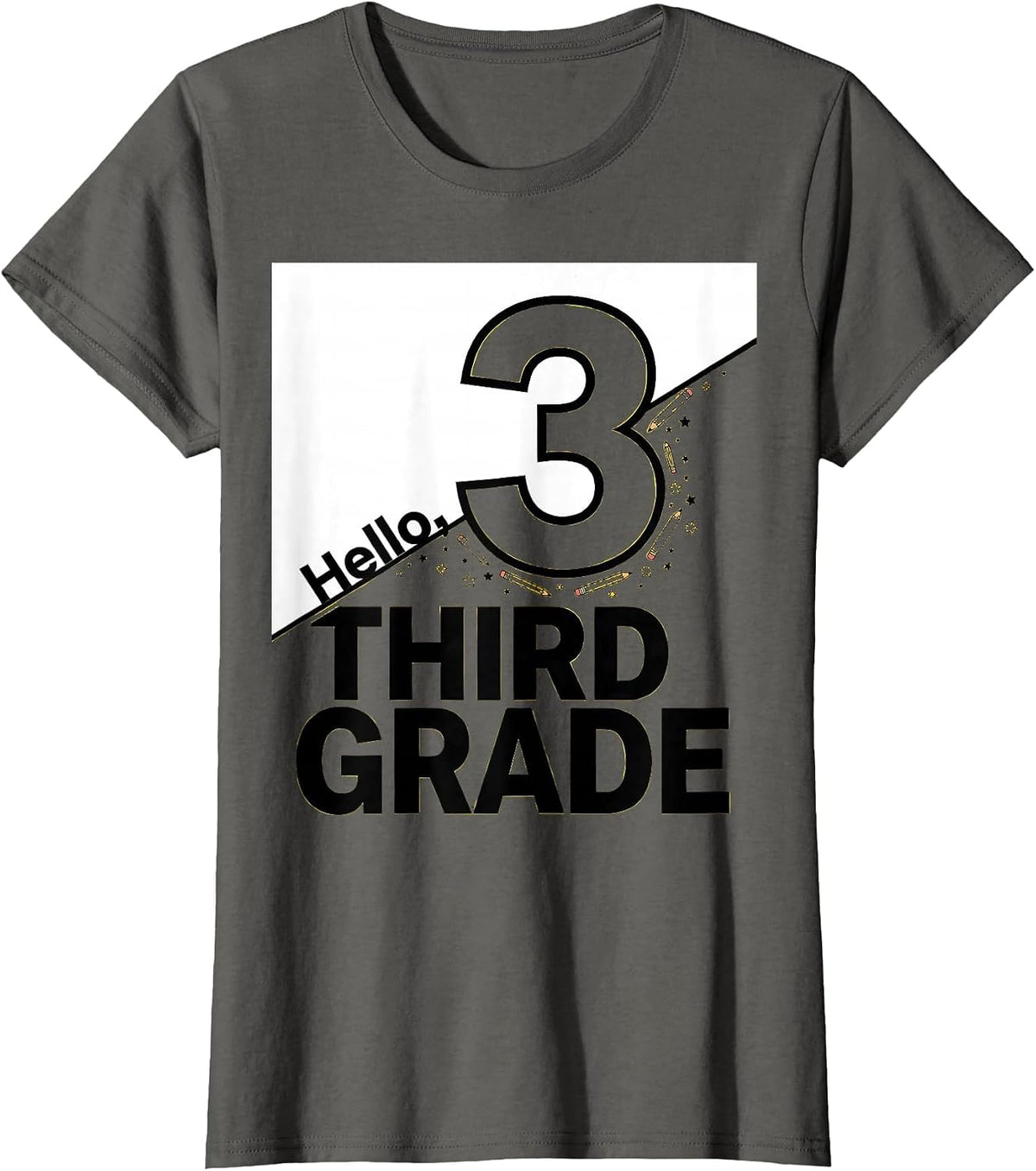 Women's Hello, Third Grade Playful Teacher Back to School T-Shirt - Asphalt Grey