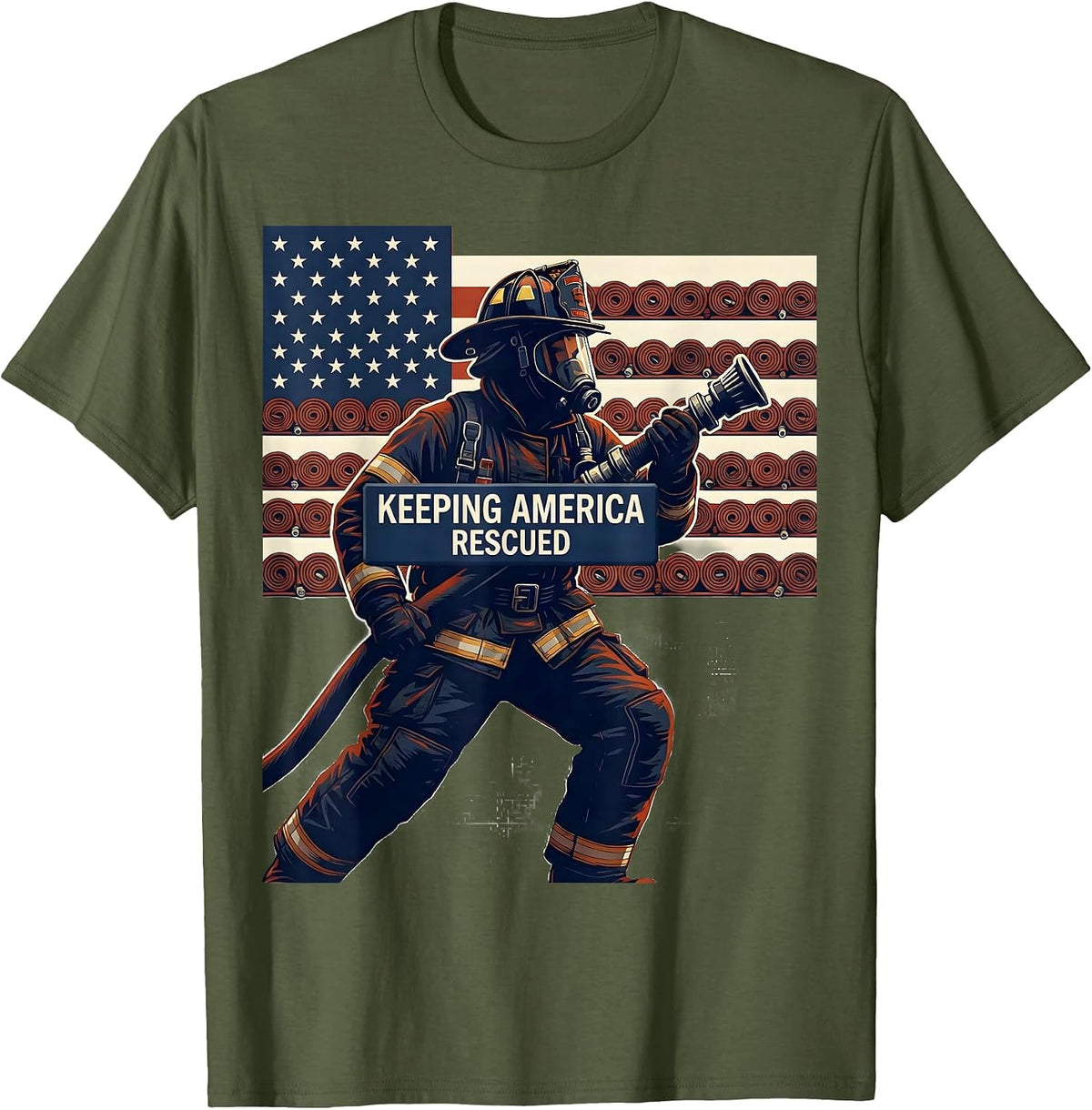 Men's Keeping America Rescued Distressed American Flag Firefighter T-Shirt - Olive Green