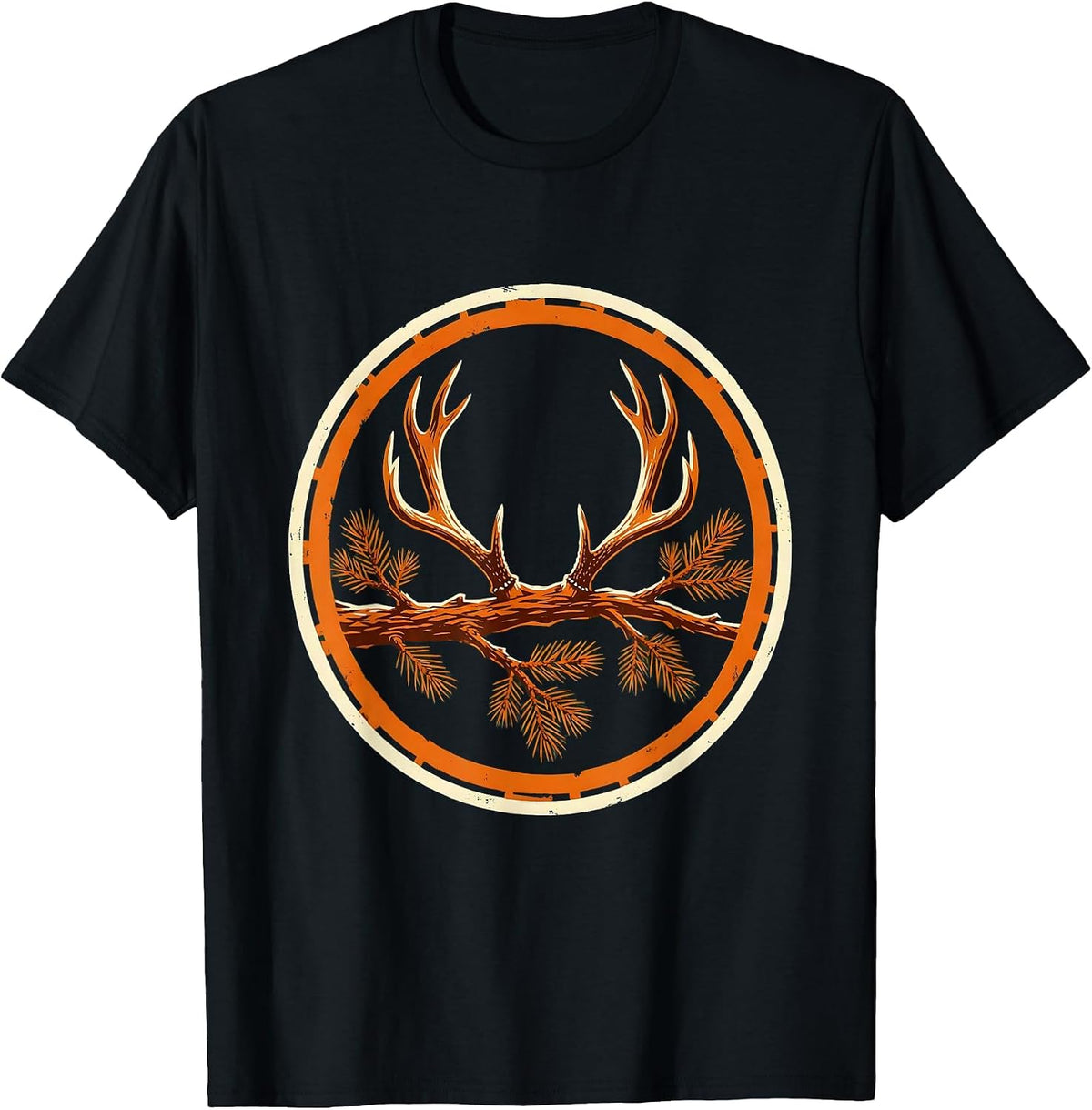 Men's Antler Shed on Pine Branch Hunting Illustration T-Shirt - Black