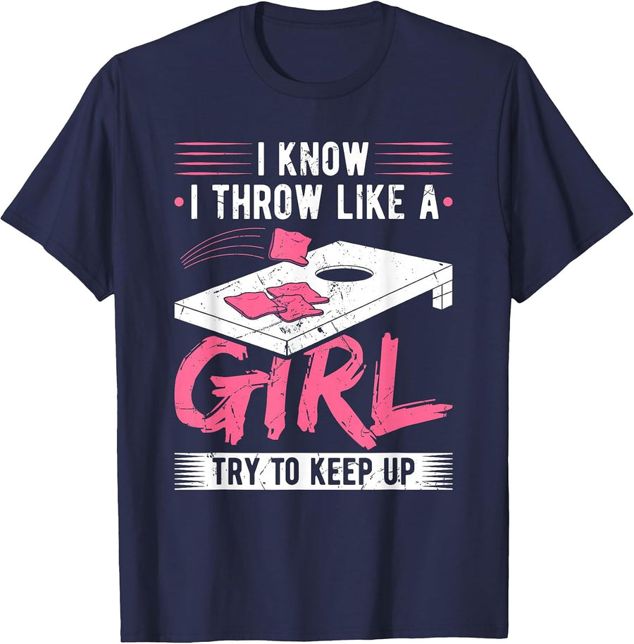 Cornhole Throw Like A Girl Corn Hole Sack Cornhole Game T-Shirt - Navy Blue