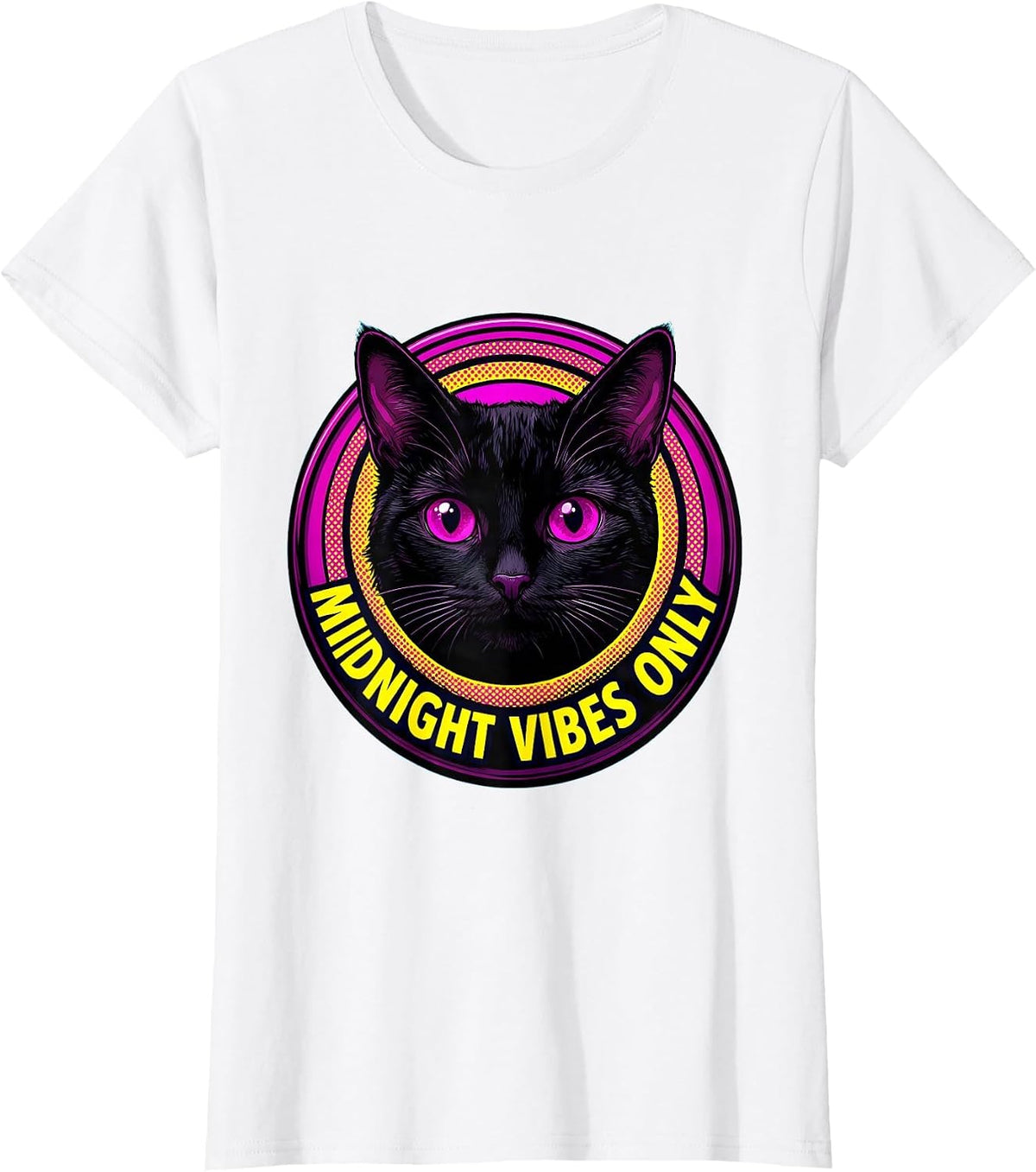 Black Cat Midnight Vibes Only Graphic Design T-Shirt - White