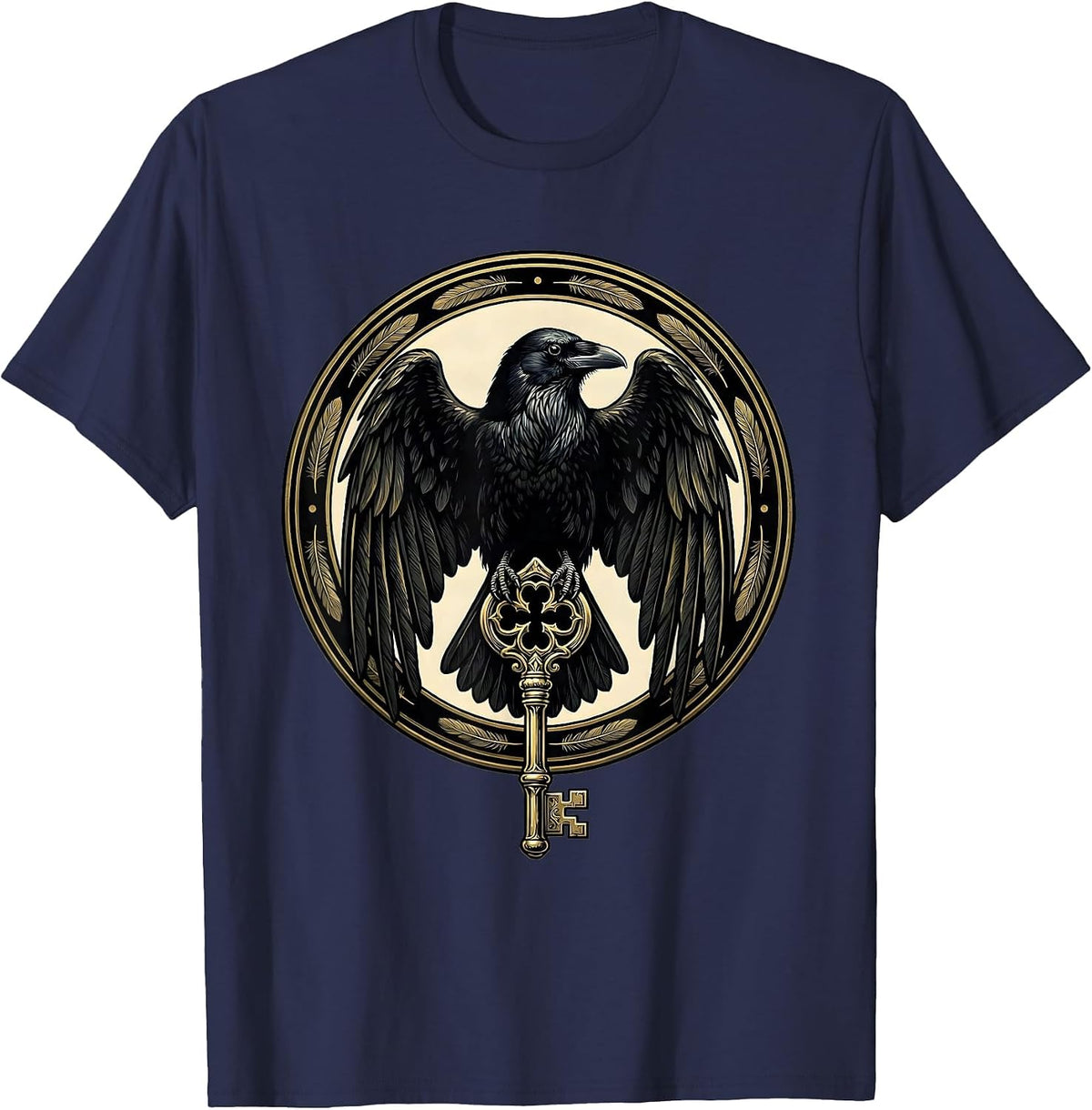 Crow Clutching Skeleton Key Gothic Art T-Shirt - Navy Blue