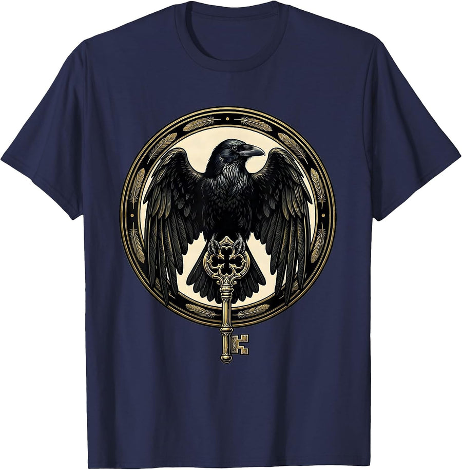 Crow Clutching Skeleton Key Gothic Art T-Shirt - Navy Blue