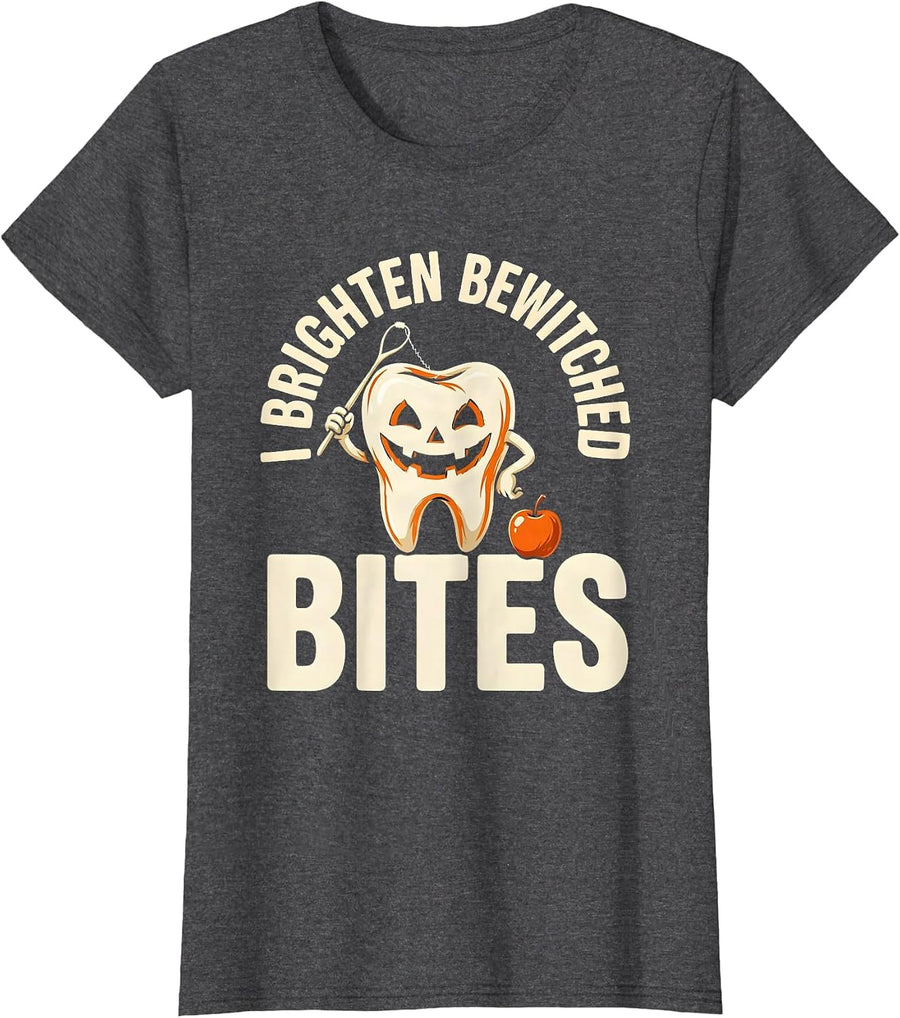 Women's I Brighten Bewitched Bites Funny Dentist Halloween Dental T-Shirt - Dark Heather Grey