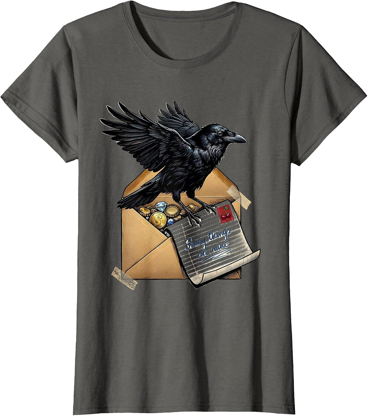 Women's Shiny Things Are Mine Crow Design T-Shirt - Asphalt Grey