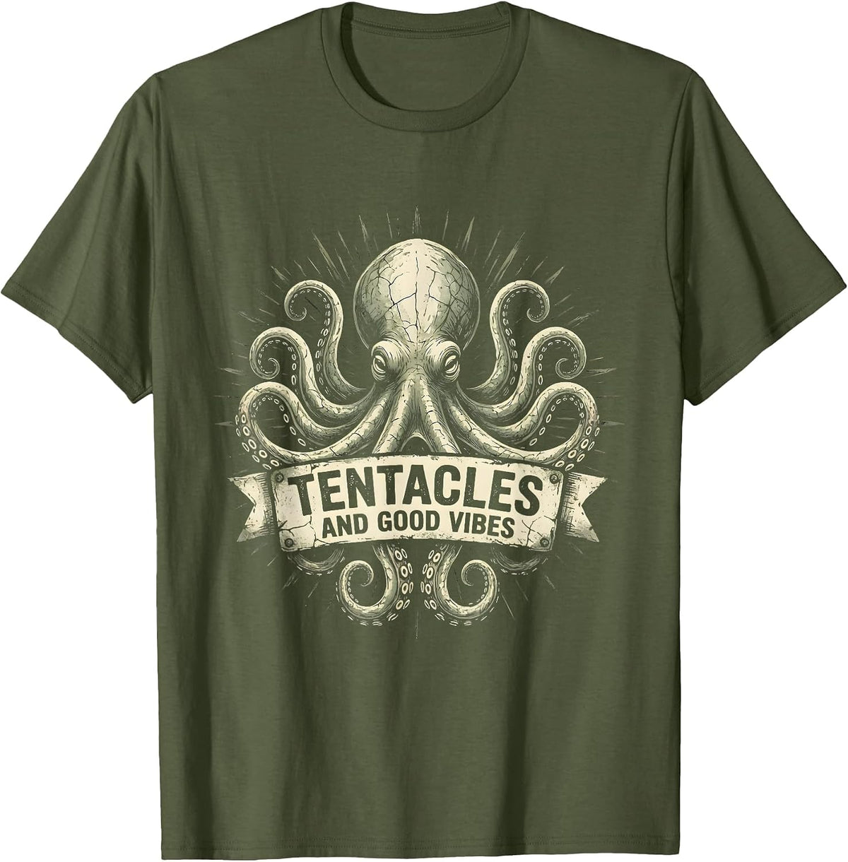 Tentacles And Good Vibes Octopus Design T-Shirt - Olive Green