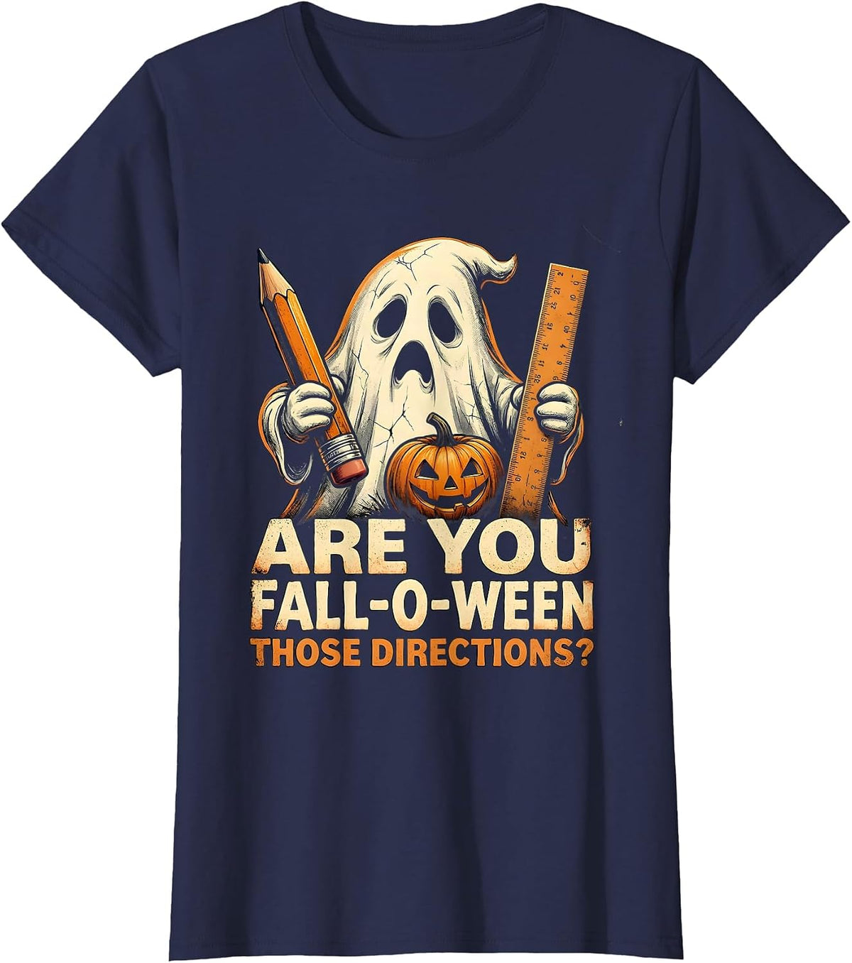Women's Are You Fall-O-Ween Those Directions Distressed Teacher T-Shirt - Navy Blue