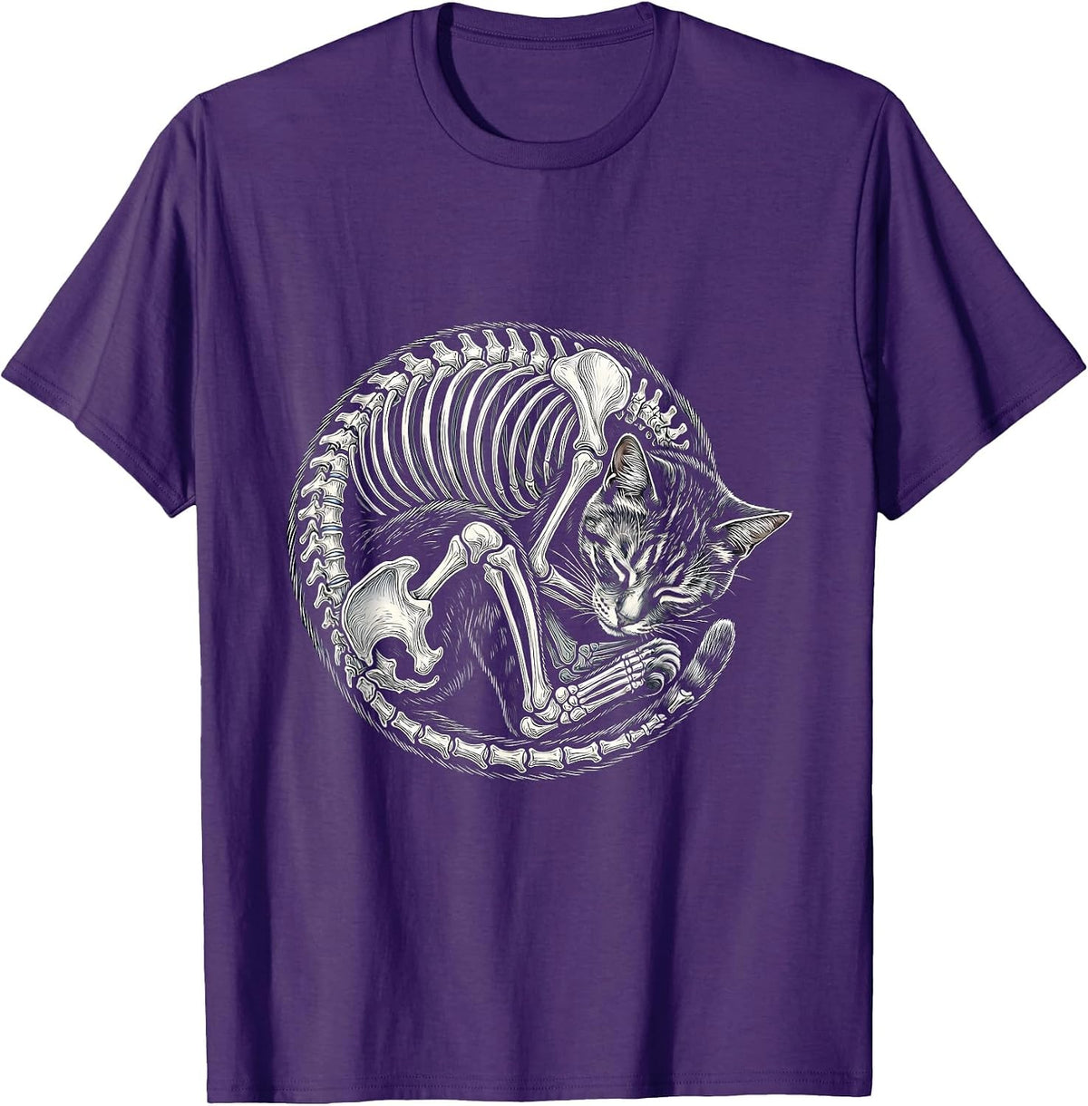 Men's Cat Skeleton Curled Sleeping Radiology X-Ray Art T-Shirt - Purple