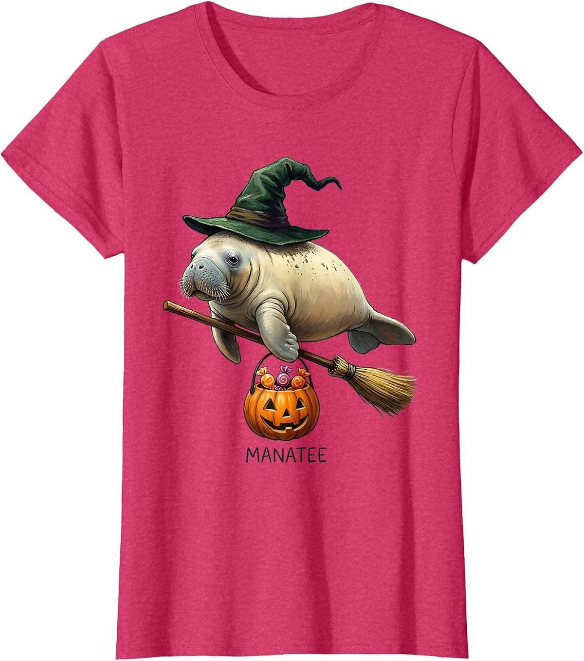 Women's Manatee Whimsical Storybook Halloween Witch Hat Animal T-Shirt - Red Heather