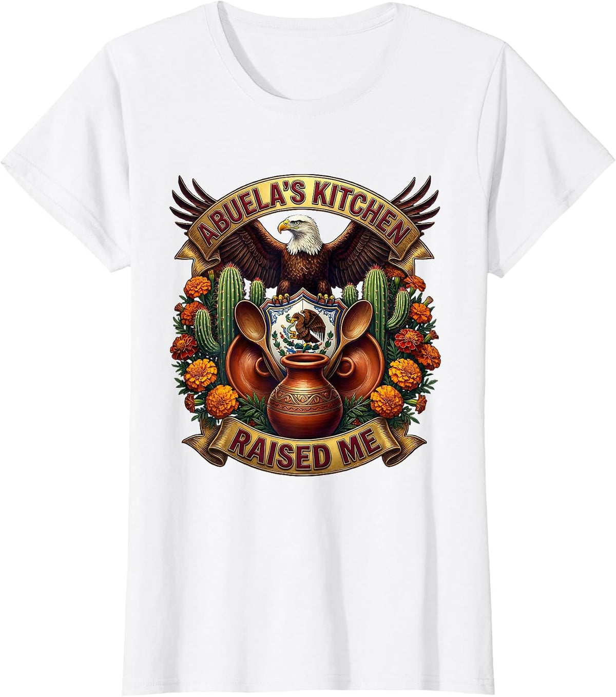 Women's Abuela's Kitchen Raised Me Mexican Heritage Design T-Shirt - White