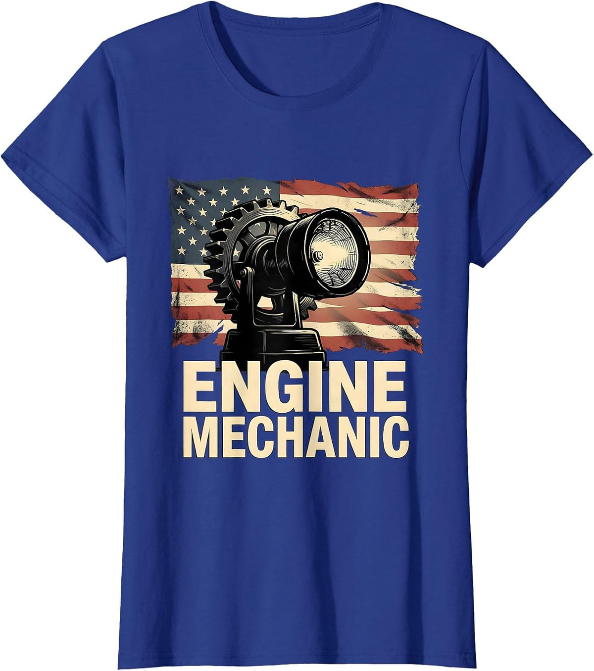 Women's Engine Mechanic Distressed Flag American Worker Patriotic T-Shirt - Royal Blue