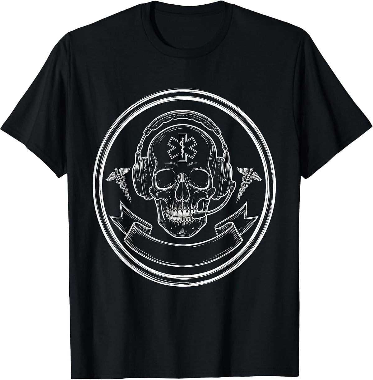 Men's EMT Skull Badge and Headset Graphic Design T-Shirt - Black