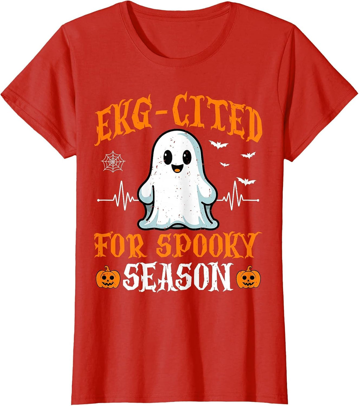 Heartbeat EKG Cited Spooky Cardiac Nurse Ghost Halloween T-Shirt - Red