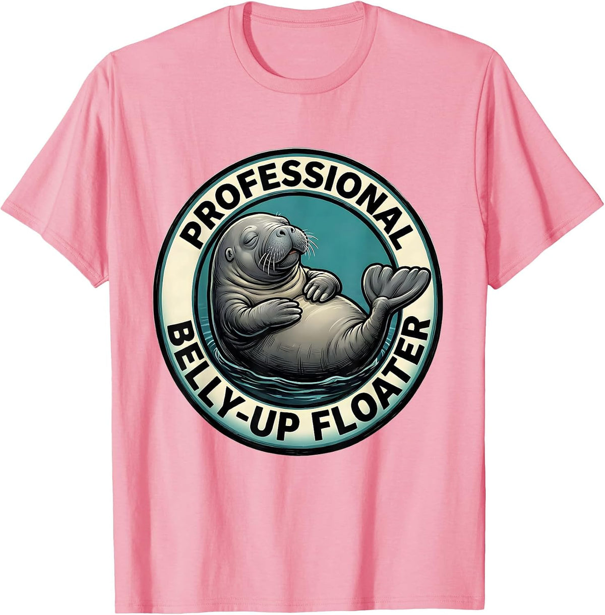 Men's Professional Belly-Up Floater Funny Manatee Lover Ocean T-Shirt - Pink