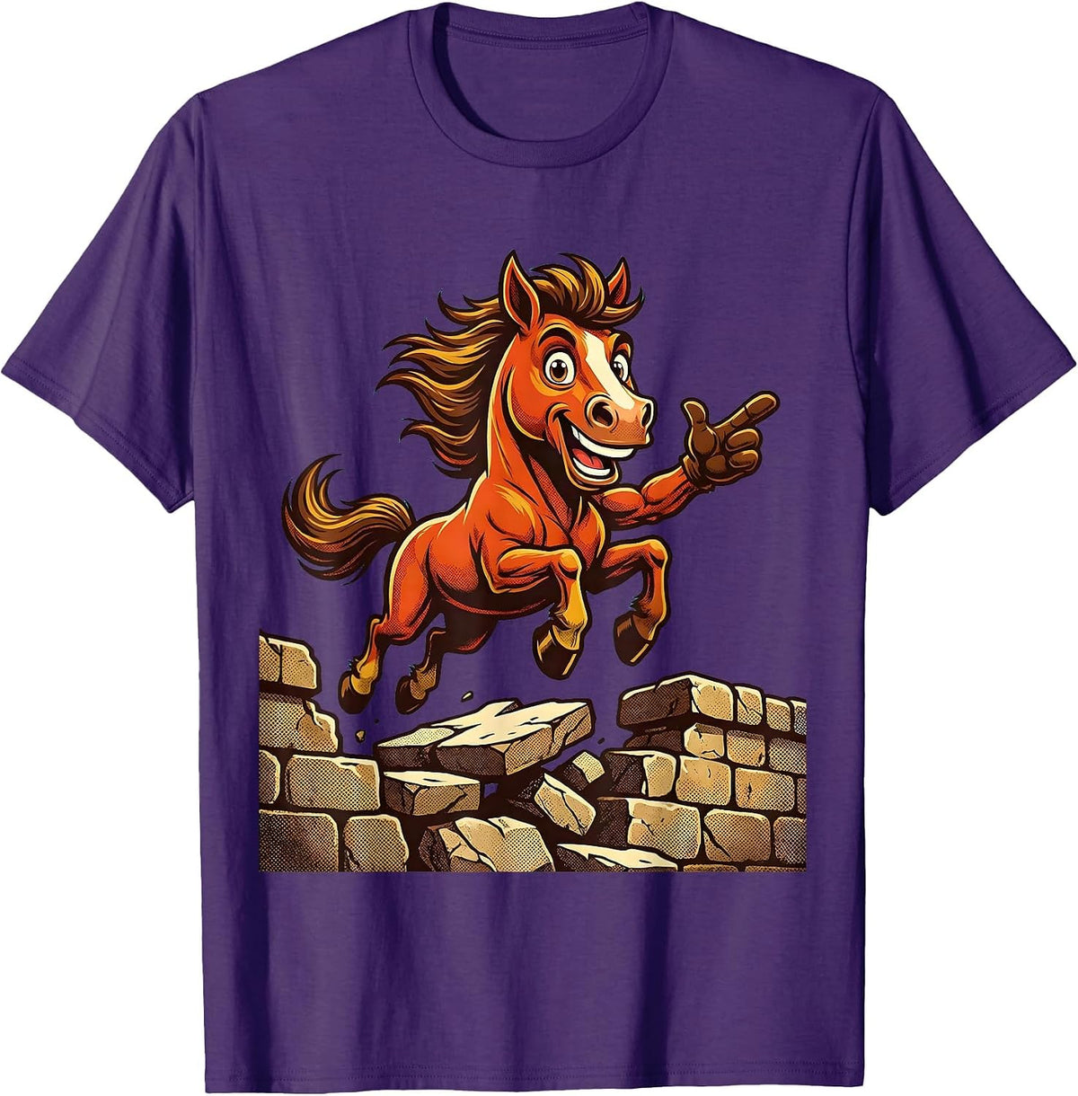 Horse Leaping Over Crumbling Stone Wall T-Shirt - Purple
