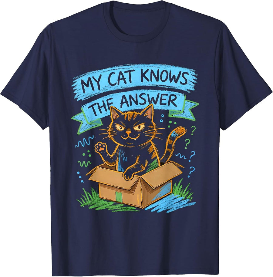 My Cat Knows The Answer Funny Physics Cat Lover Quantum T-Shirt - Navy Blue