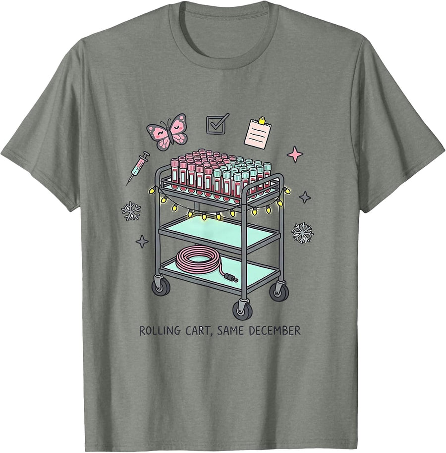 Rolling Cart Same December Kawaii Phlebotomist Holiday Humor T-Shirt, Men, Olive Heather, Medium - As Pictured