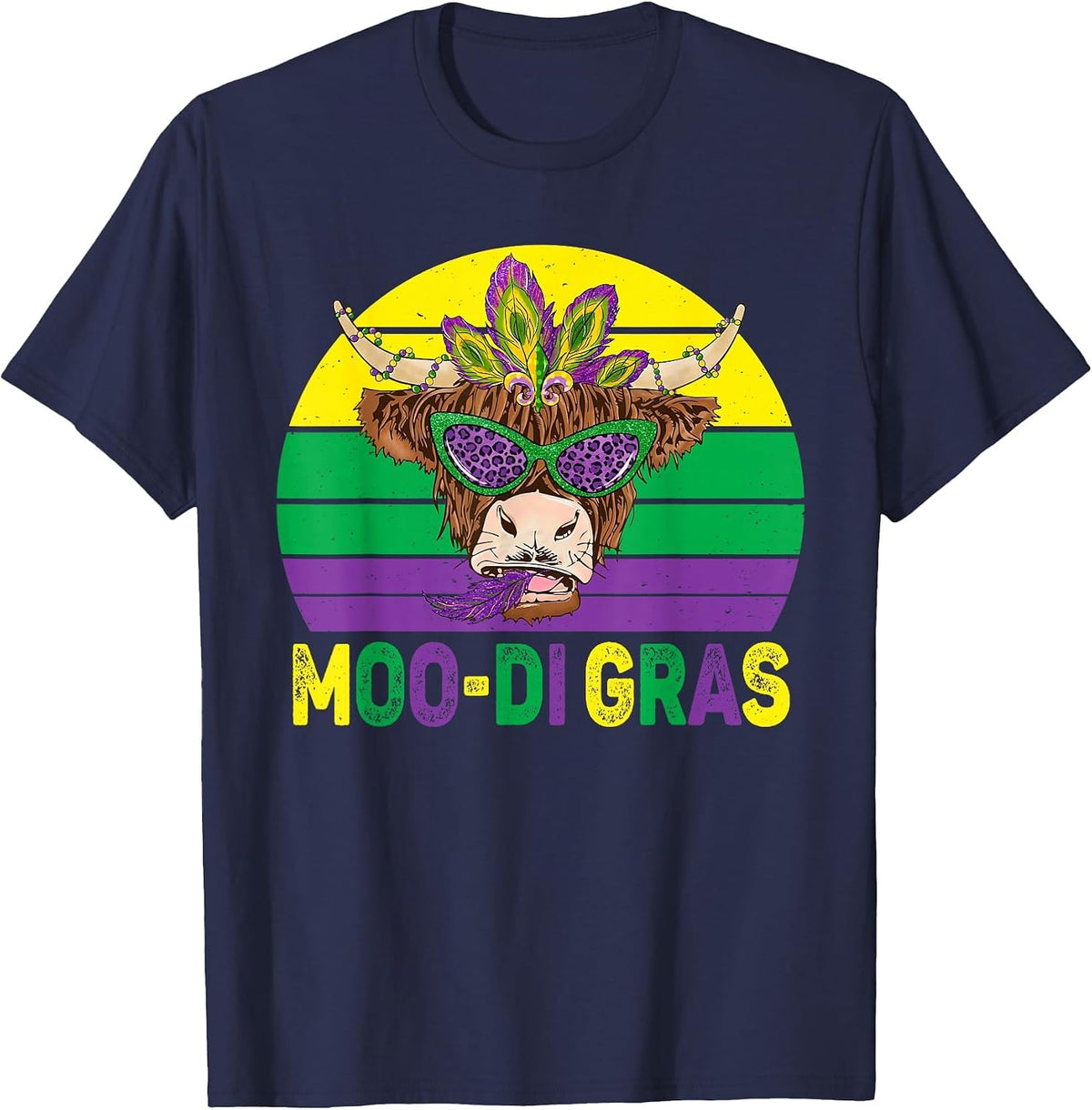 Mardi Gras Cow Heifer Beads Carnival Costume Farm Animal Cow T-Shirt - Navy Blue