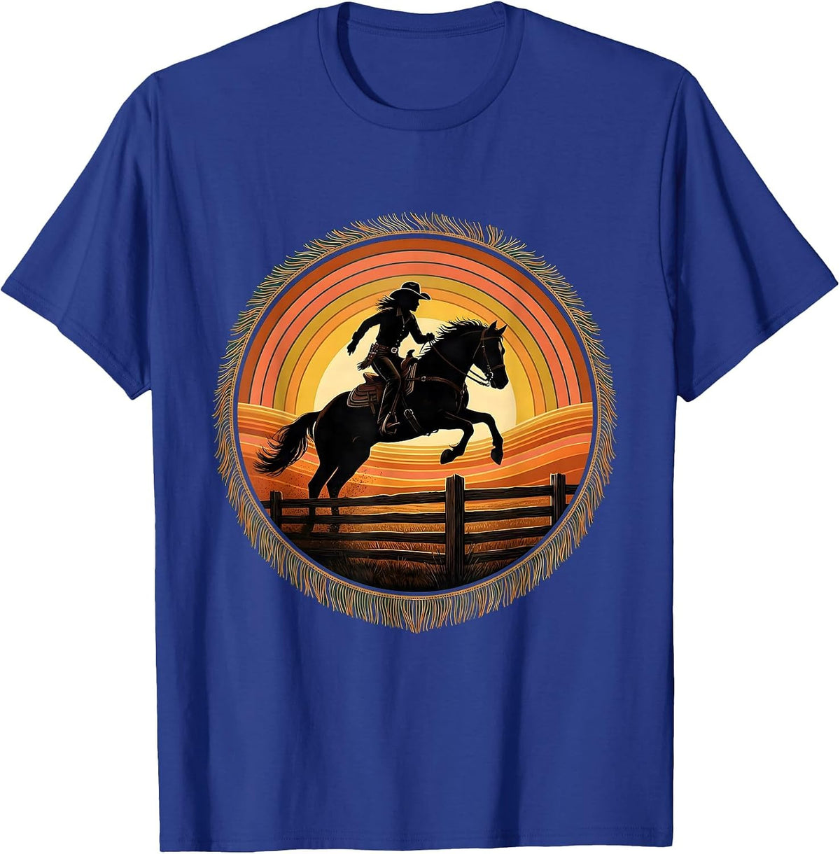 Cowgirl Jumping Fence on Horseback at Sunrise T-Shirt - Royal Blue